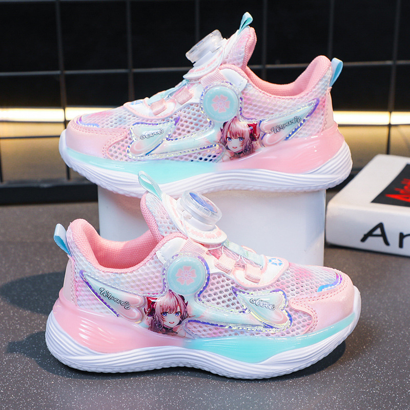 Girls' shoes 2023 summer mesh breathable children's rotating button sports shoes for girls and elementary school running shoes