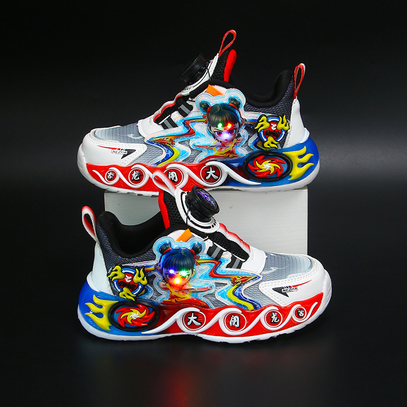 Children's shoes, boys' rotating button sports shoes, 2025 new illuminated summer and autumn mesh breathable children's running shoes Children's shoes, boys' rotating button sports shoes, 2025 new illuminated summer and autumn mesh breathable children's running shoes