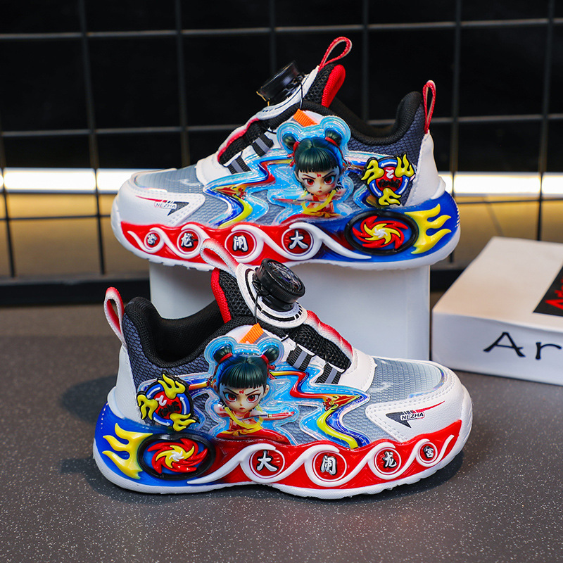 Children's shoes, boys' rotating button sports shoes, 2025 new illuminated summer and autumn mesh breathable children's running shoes Children's shoes, boys' rotating button sports shoes, 2025 new illuminated summer and autumn mesh breathable children's running shoes