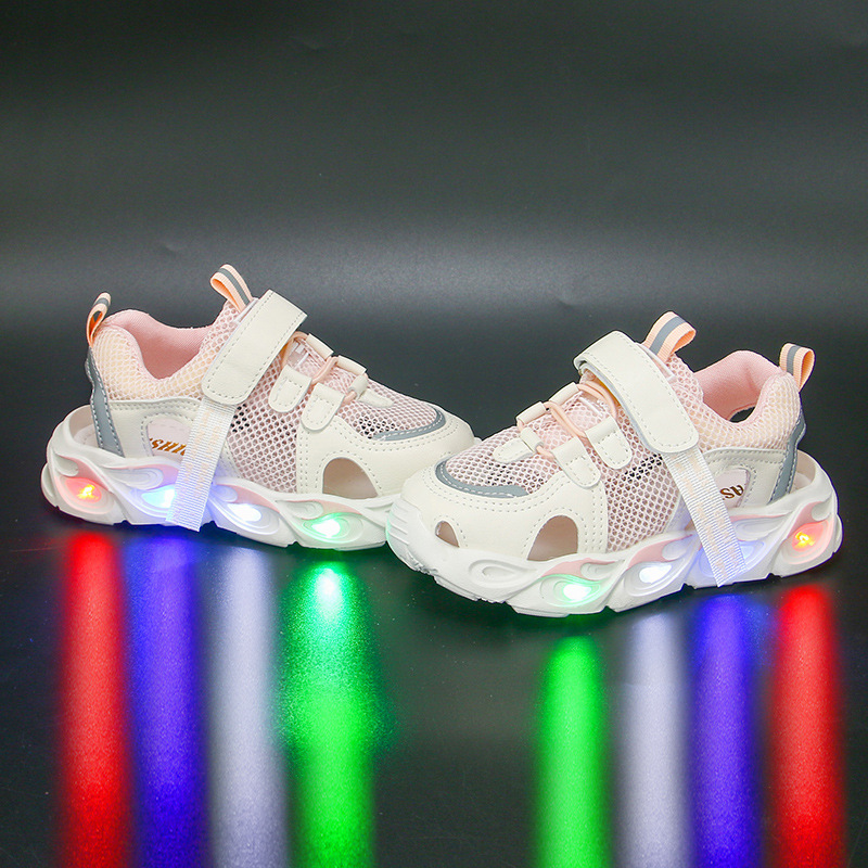 2023 Summer Edition Children's Sandals with Lights, Girls' Headless Sandals, Hollow Mesh, Korean Edition Soft soled Sports Shoes for Elementary School Students