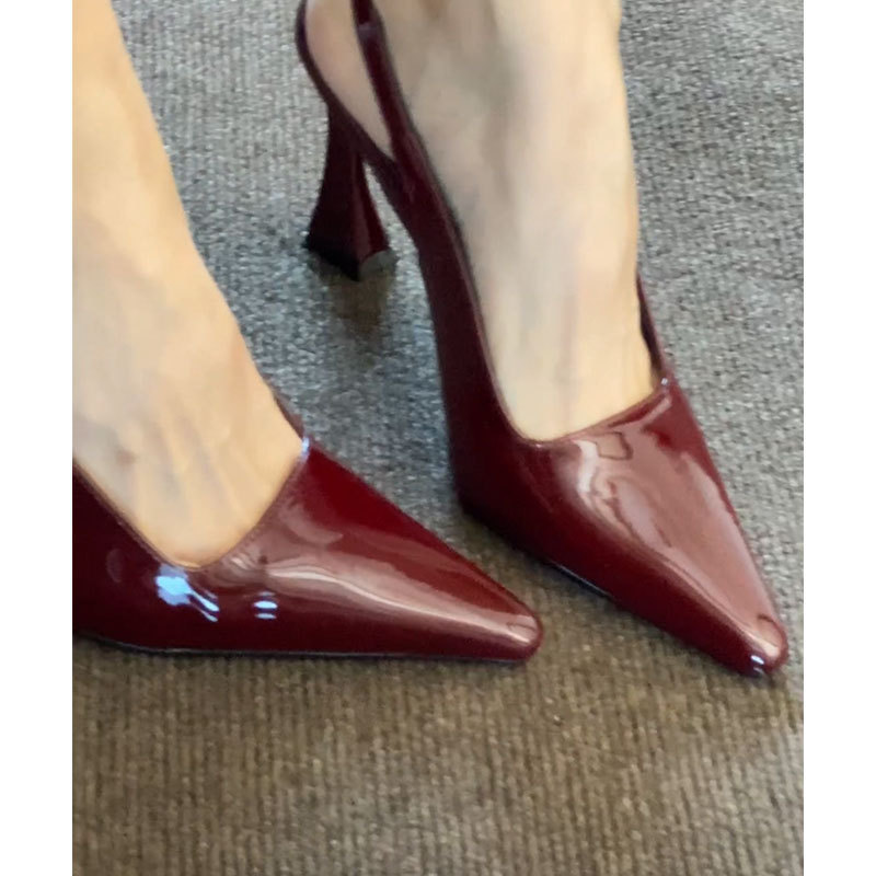 Red striped horseshoe heel high-heeled shoes for women, backless patent leather versatile fine heeled pointed sandals Red striped horseshoe heel high-heeled shoes for women, backless patent leather versatile fine heeled pointed sandals