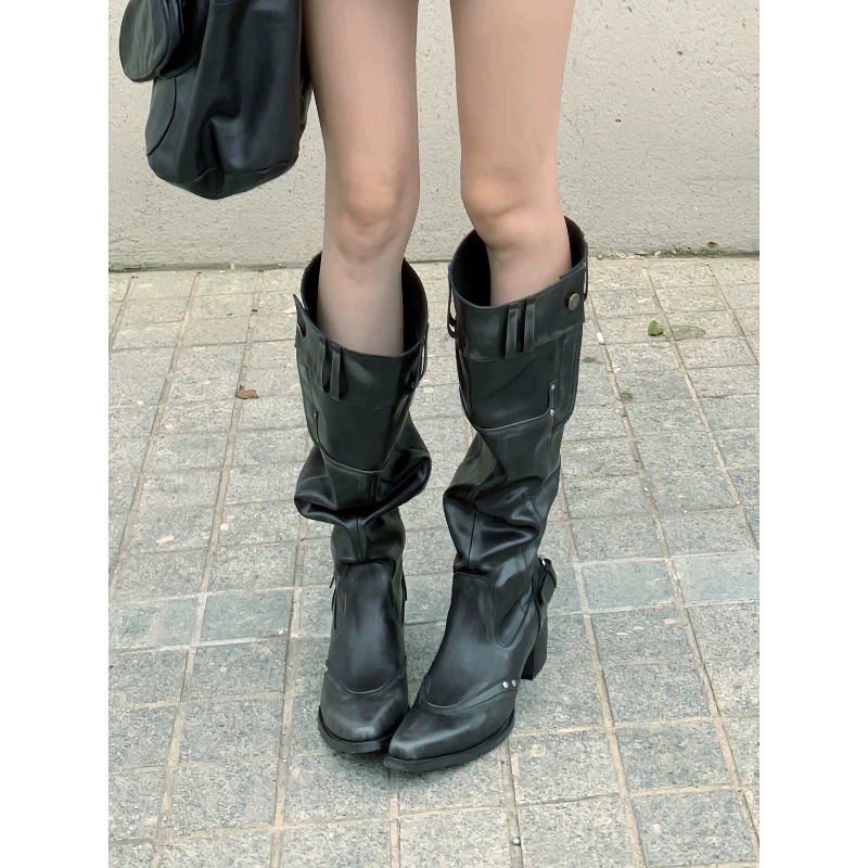Retro knight boots, spicy girl, knee length long boots, large tube boots, round boots, children's pointed toes, thick heels, slimming, piled up boots, women
