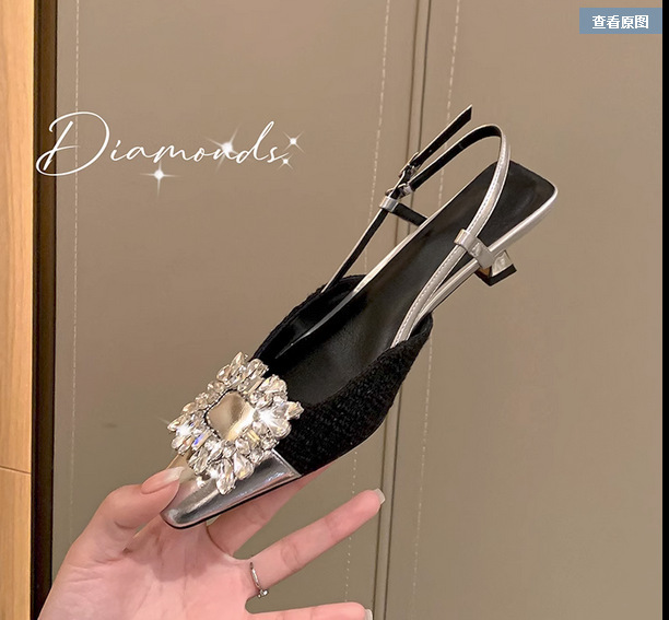French style square button rhinestone pointed high-heeled sandals for women with slim heels 2024 new summer style small fragrant style toe cap empty single shoes French style square button rhinestone pointed high-heeled sandals for women with slim heels 2024 new summer style small fragrant style toe cap empty single shoes