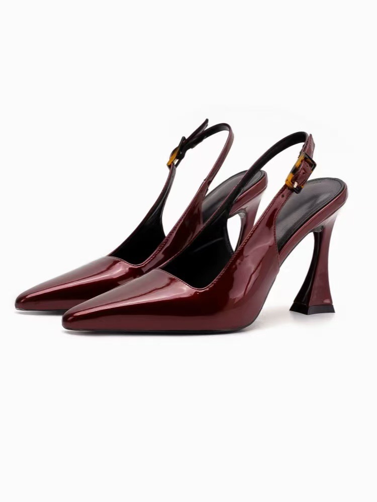 Red striped horseshoe heel high-heeled shoes for women, backless patent leather versatile fine heeled pointed sandals Red striped horseshoe heel high-heeled shoes for women, backless patent leather versatile fine heeled pointed sandals