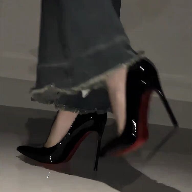 Red soled high heels, women's slim heels, black side empty with rhinestones, elegant socialite, nude color, pointed toe, 2023 new model Red soled high heels, women's slim heels, black side empty with rhinestones, elegant socialite, nude color, pointed toe, 2023 new model