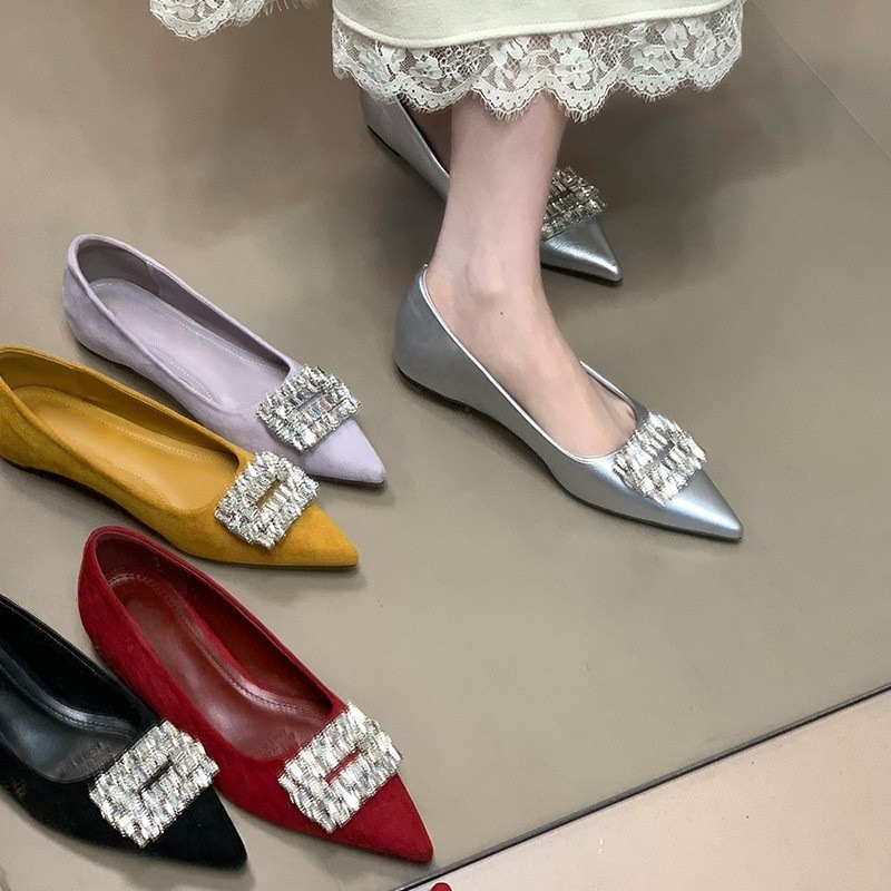Fashionable interior height increasing versatile evening shoes, shallow mouth rhinestone square buckle scoop shoes, pointed temperament single shoes for women