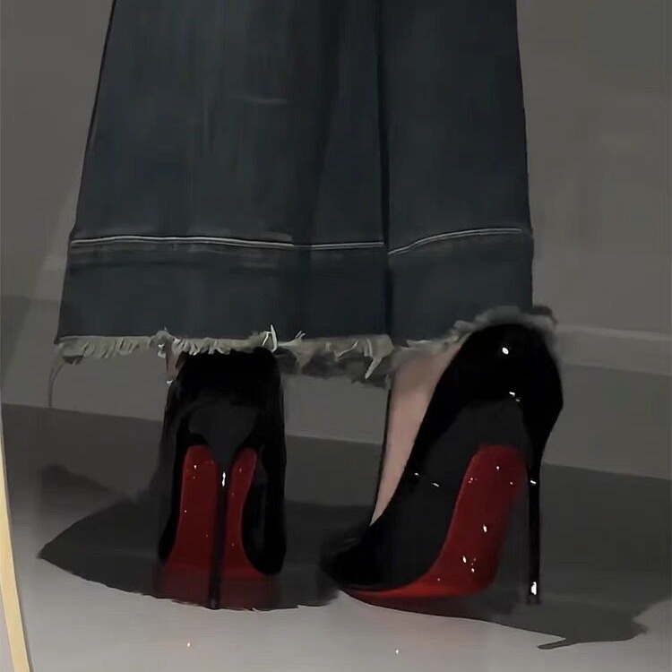 Red soled high heels, women's slim heels, black side empty with rhinestones, elegant socialite, nude color, pointed toe, 2023 new model Red soled high heels, women's slim heels, black side empty with rhinestones, elegant socialite, nude color, pointed toe, 2023 new model