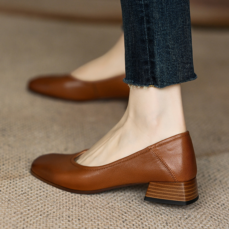 Low order women's 2023 spring new style simple French retro soft square toe thick heel women's shoes Low order women's 2023 spring new style simple French retro soft square toe thick heel women's shoes