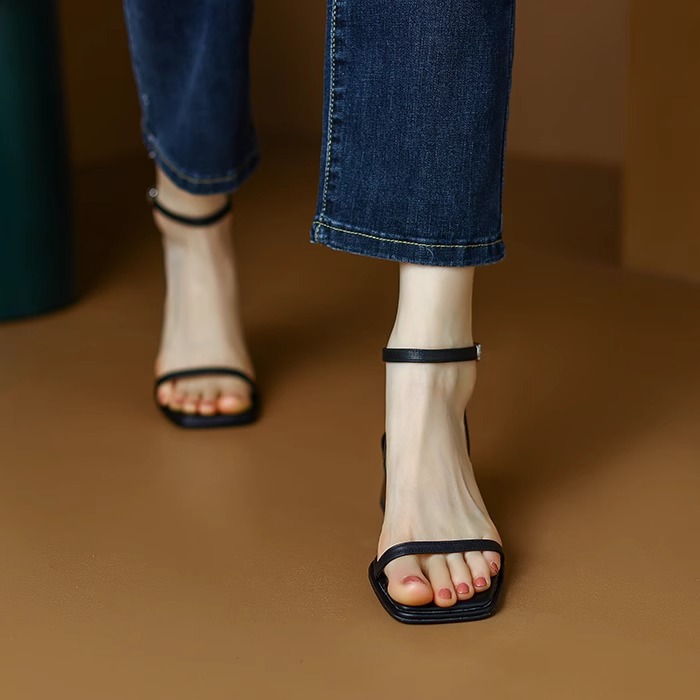 Flipped with excitement! Classic and versatile square toe, exposed toe, middle heel, straight strap sandals, women's summer thick heel
