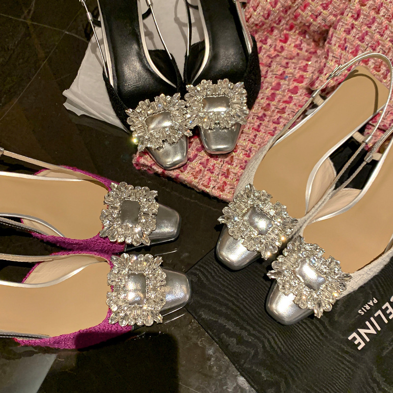 French style square button rhinestone pointed high-heeled sandals for women with slim heels 2024 new summer style small fragrant style toe cap empty single shoes French style square button rhinestone pointed high-heeled sandals for women with slim heels 2024 new summer style small fragrant style toe cap empty single shoes