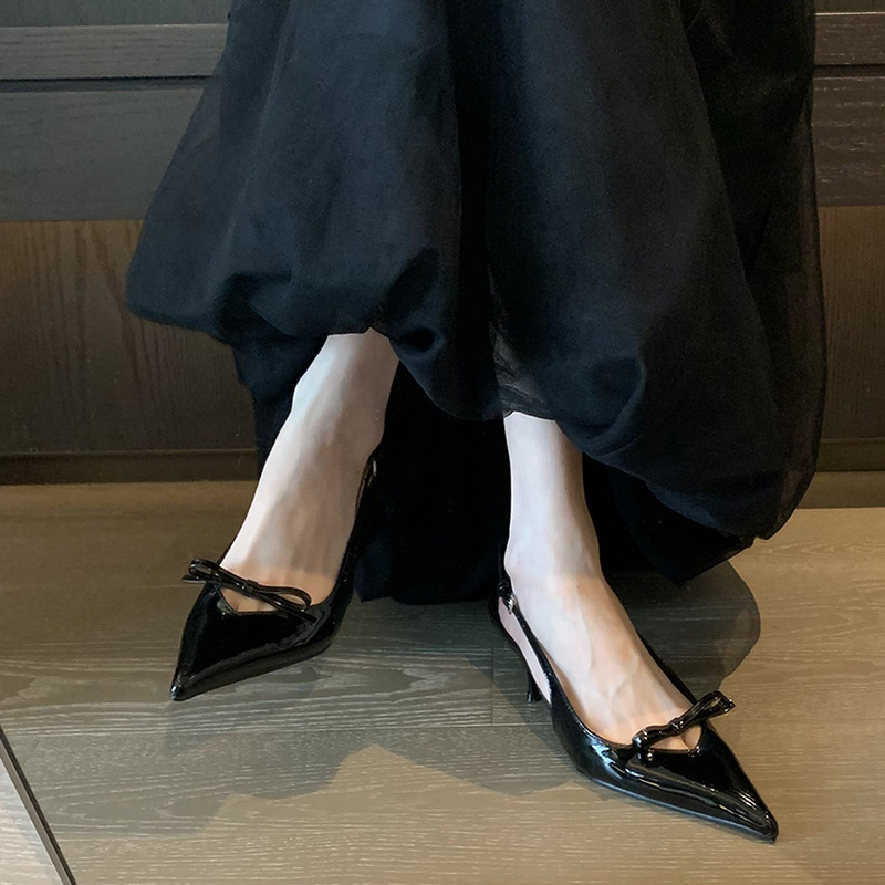 Fashionable essence! High heeled toe cap sandals for women 2024 new item bow black pointed thin heel with empty back temperament single shoe Fashionable essence! High heeled toe cap sandals for women 2024 new item bow black pointed thin heel with empty back temperament single shoe