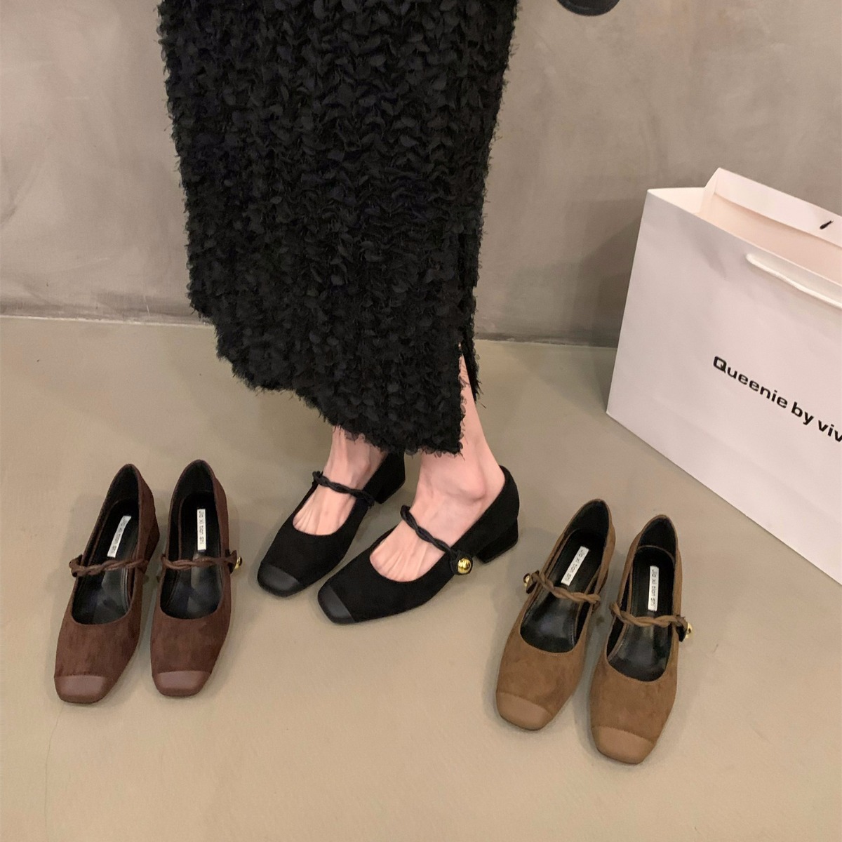 French style thick heel black suede evening shoes for women 2023 new autumn/winter Mary Jane mid high heels single shoes French style thick heel black suede evening shoes for women 2023 new autumn/winter Mary Jane mid high heels single shoes