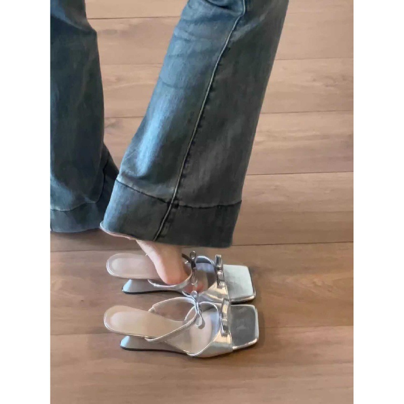 French bow square toe wedge sandals for women in the summer of 2025, new fairy style dress with a straight strap and high heels for wearing outside French bow square toe wedge sandals for women in the summer of 2025, new fairy style dress with a straight strap and high heels for wearing outside