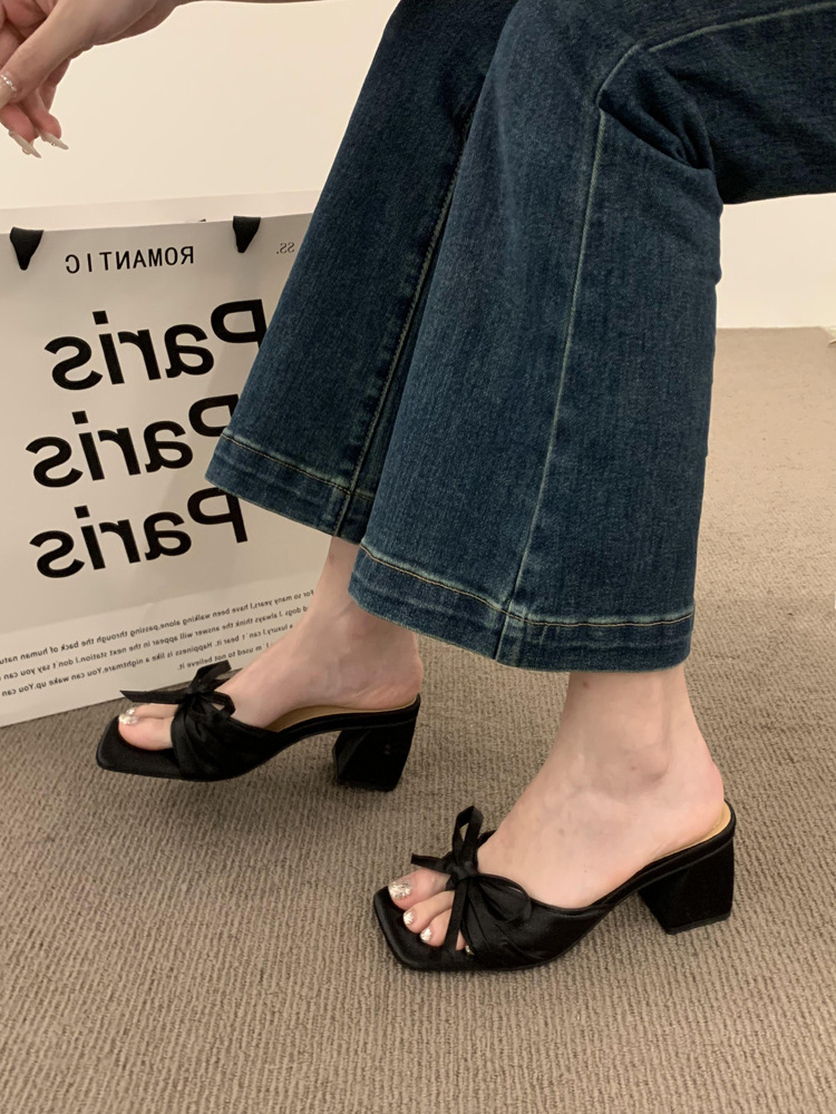 French high-end silk bow thick heel sandals for women's outdoor wear, 2023 new summer open toe high heels French high-end silk bow thick heel sandals for women's outdoor wear, 2023 new summer open toe high heels