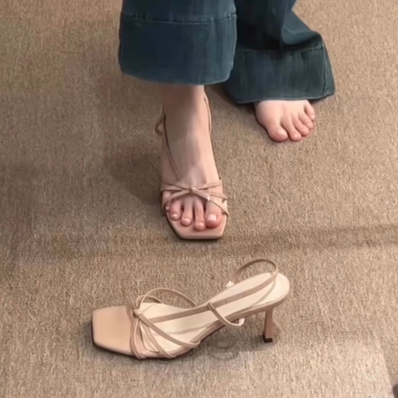 2025 new French square toe sandals for women's outdoor wear, open toed sandals, slim heels, small fragrant style high heels slippers 2025 new French square toe sandals for women's outdoor wear, open toed sandals, slim heels, small fragrant style high heels slippers