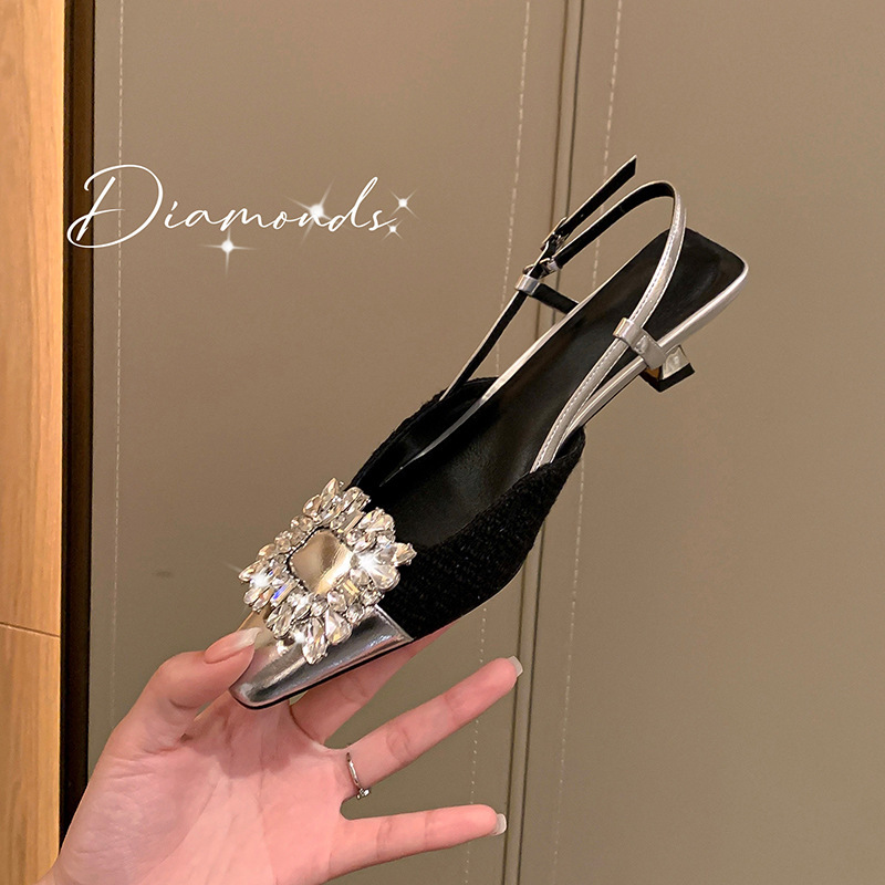 French style square button rhinestone pointed high-heeled sandals for women with slim heels 2024 new summer style small fragrant style toe cap empty single shoes