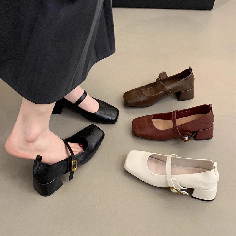 French retro square toe shallow mouth single shoe for women, with spring and autumn style evening style temperament, fairy thick heel, Mary Jane small leather shoes French retro square toe shallow mouth single shoe for women, with spring and autumn style evening style temperament, fairy thick heel, Mary Jane small leather shoes