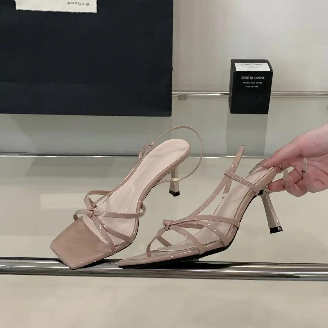 2025 new French square toe sandals for women's outdoor wear, open toed sandals, slim heels, small fragrant style high heels slippers 2025 new French square toe sandals for women's outdoor wear, open toed sandals, slim heels, small fragrant style high heels slippers