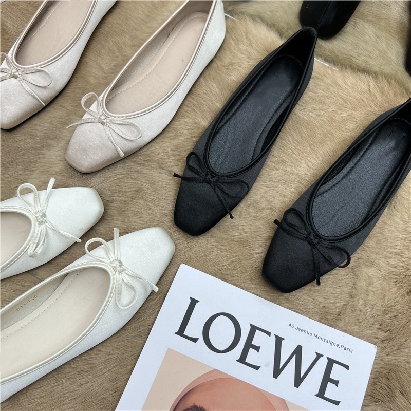 Niche Design French Gentle Bow Square Head Flat Single Shoes for Women 2024 Spring New Silk Bean Scoop Shoes Niche Design French Gentle Bow Square Head Flat Single Shoes for Women 2024 Spring New Silk Bean Scoop Shoes