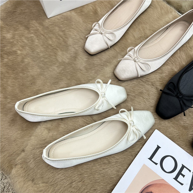 Niche Design French Gentle Bow Square Head Flat Single Shoes for Women 2024 Spring New Silk Bean Scoop Shoes Niche Design French Gentle Bow Square Head Flat Single Shoes for Women 2024 Spring New Silk Bean Scoop Shoes
