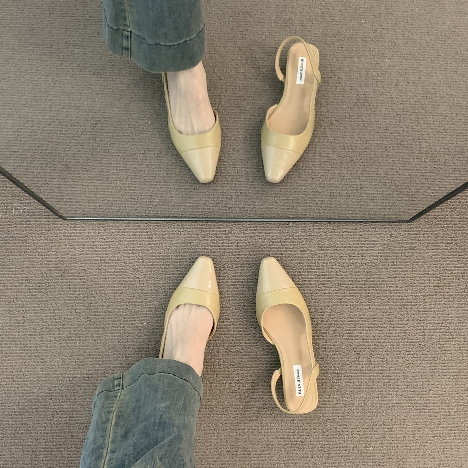 Low heeled toe cap sandals for women, French style, gentle, late night, nude color, pointed tip, small fragrance, ladylike style, thick heel, empty back, temperament, single shoe