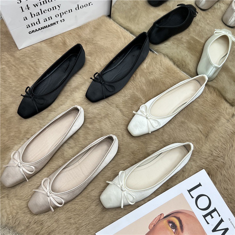 Niche Design French Gentle Bow Square Head Flat Single Shoes for Women 2024 Spring New Silk Bean Scoop Shoes