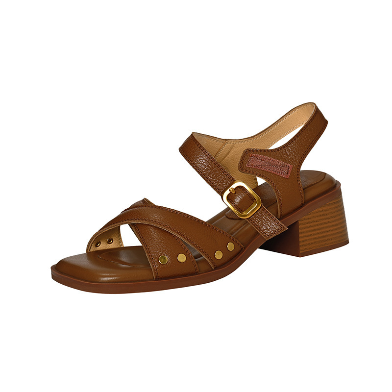 French style mid heeled open toed sandals for women in summer, with cross straps for commuting and thick heels for women French style mid heeled open toed sandals for women in summer, with cross straps for commuting and thick heels for women