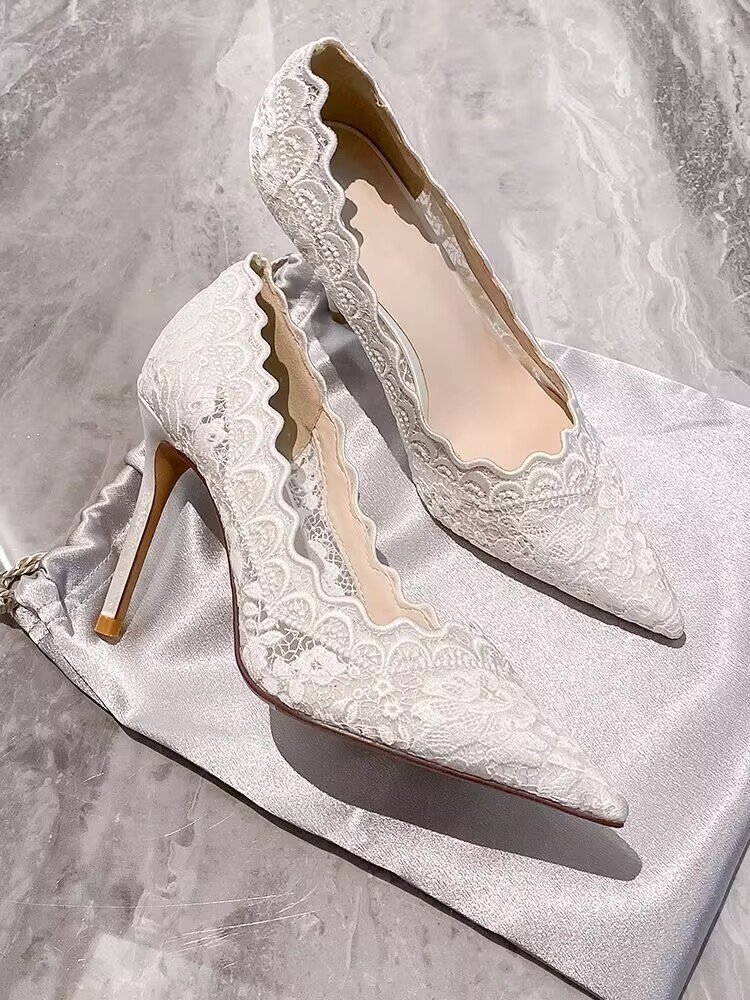 White high heels wedding shoes for women in the spring of 2025, new pointed and fine heel embroidered lace dress bridal shoes White high heels wedding shoes for women in the spring of 2025, new pointed and fine heel embroidered lace dress bridal shoes
