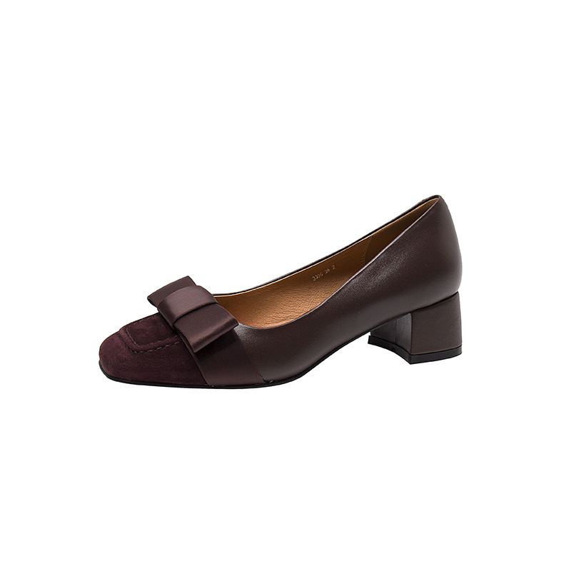 French style small fragrance color blocked high heels for women, 2024 Spring and Autumn new item, thick heel, bow, retro style, single order shoes French style small fragrance color blocked high heels for women, 2024 Spring and Autumn new item, thick heel, bow, retro style, single order shoes