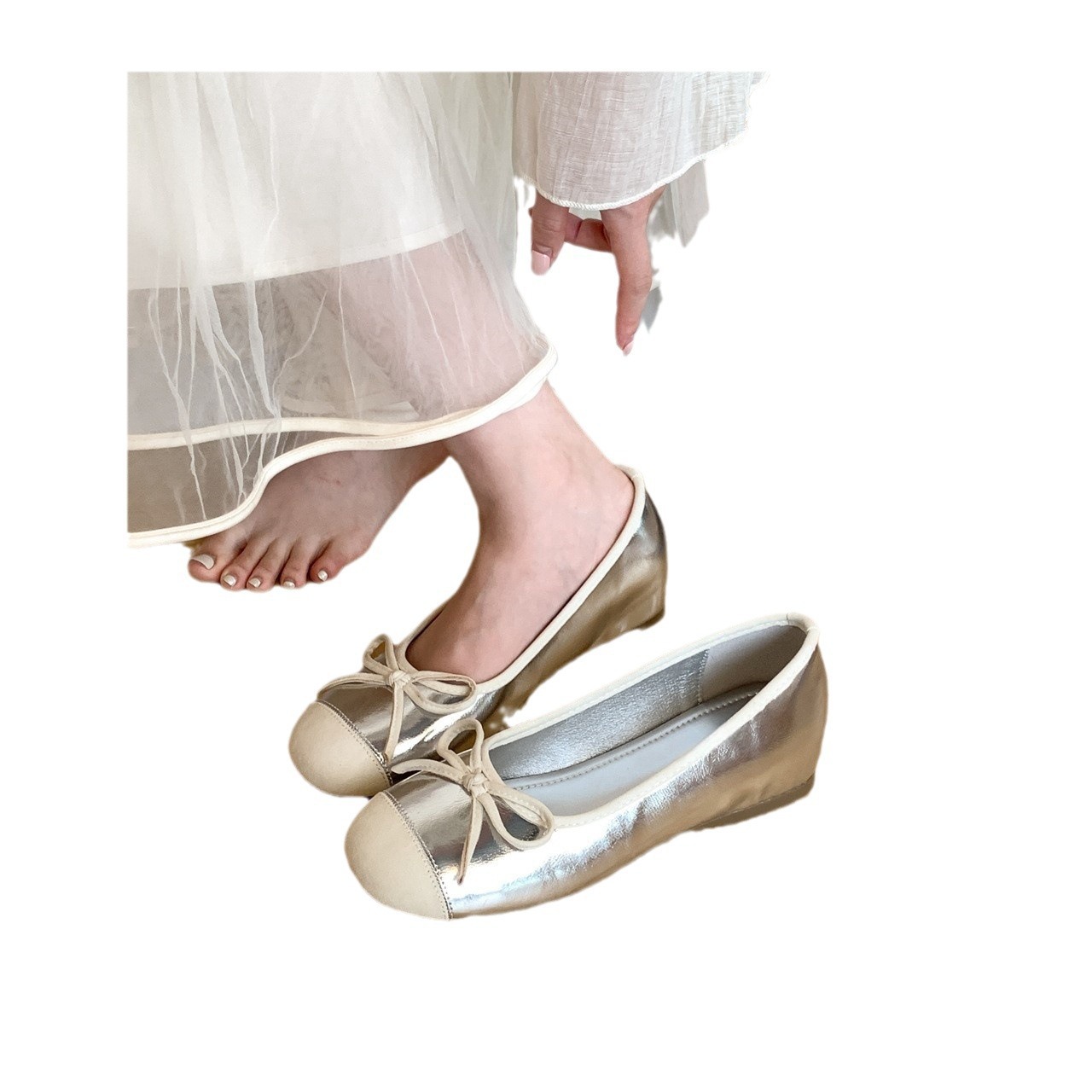 Interior height increasing version~French fairy style shallow bow single shoe for women in spring and autumn soft sole color blocked small fragrant style single shoe Interior height increasing version~French fairy style shallow bow single shoe for women in spring and autumn soft sole color blocked small fragrant style single shoe