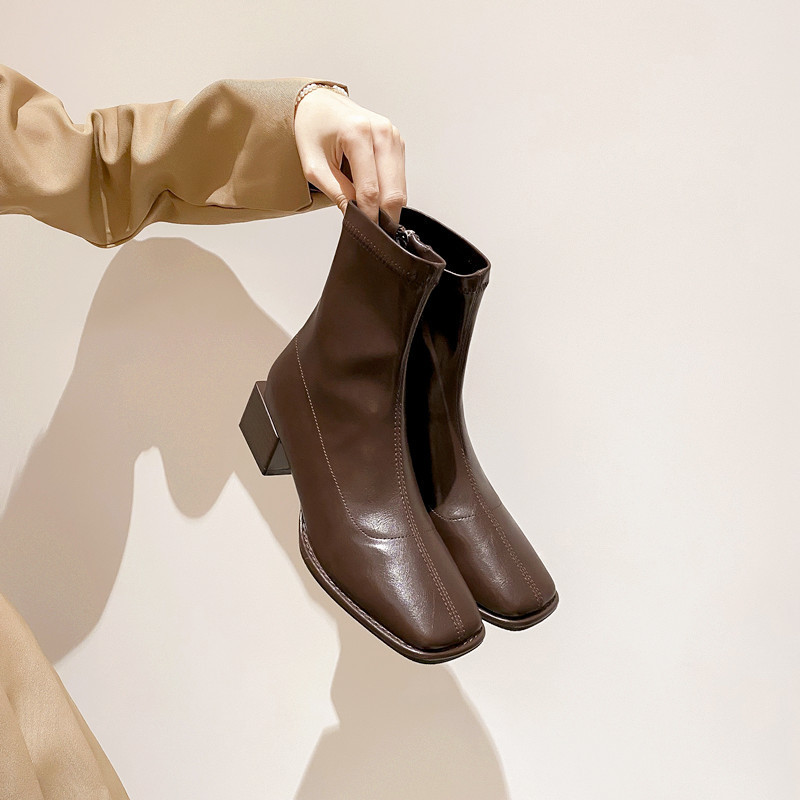 Extremely comfortable! Korean niche design with square toe, thick heel, short boots for women, middle heel, British elastic boots, slim boots, bare boots for women