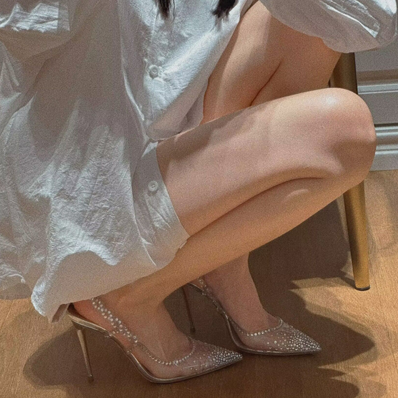 2023 New Summer Shoes for Women with Fine Heels, Pointed Point, Shallow Mouth, Diamond Head, Transparent High Heels, Elegant and Elegant Single Shoes for Women
