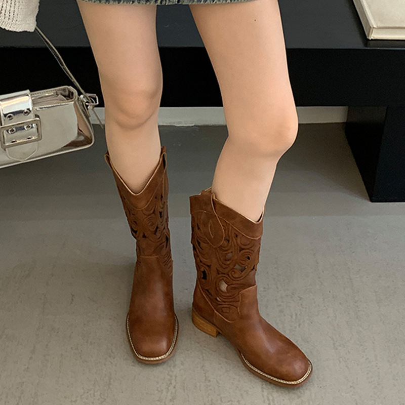 Retro Embroidered Western Cowboy Boots 2025 New Summer Women's Boots Coarse Heel Short Boots Hollow Middle Sleeve Knight Boots Women Retro Embroidered Western Cowboy Boots 2025 New Summer Women's Boots Coarse Heel Short Boots Hollow Middle Sleeve Knight Boots Women
