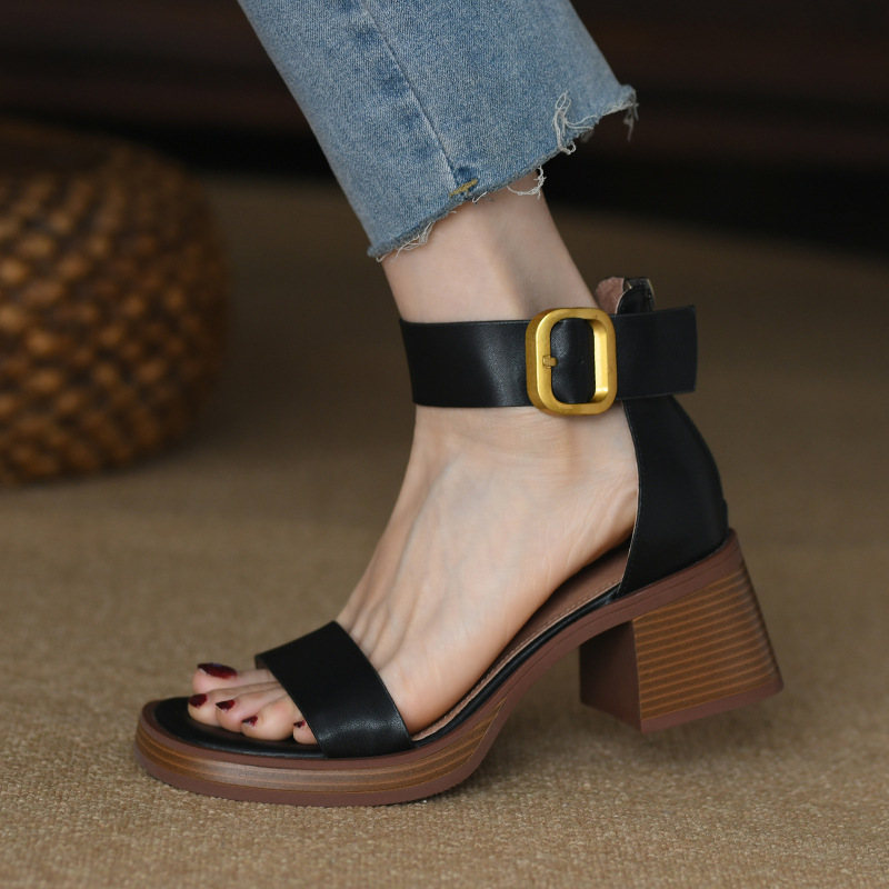 British style retro one-piece sandals for women, with a heel and zipper at the back, exposed toes, summer high heels, and a thick heel for women British style retro one-piece sandals for women, with a heel and zipper at the back, exposed toes, summer high heels, and a thick heel for women