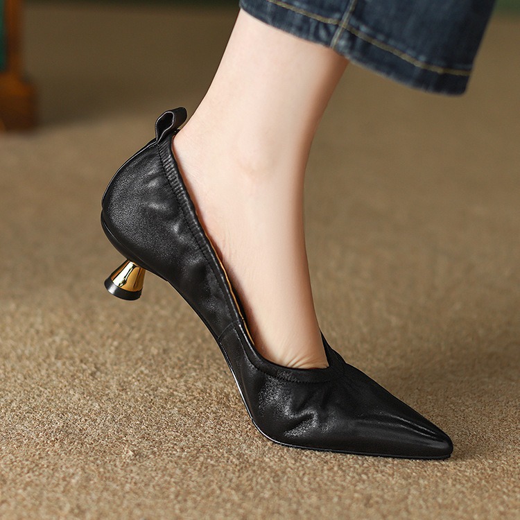 Sharp pointed cat follow-up shoes for women summer soft leather shallow mouth heel commuting professional work high heels spring and autumn styles