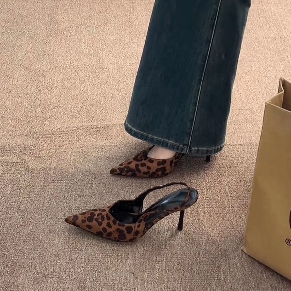 Two heights~French pointed leopard print high heels, toe sandals, women's spring and summer slim heels, suede back, empty single shoes