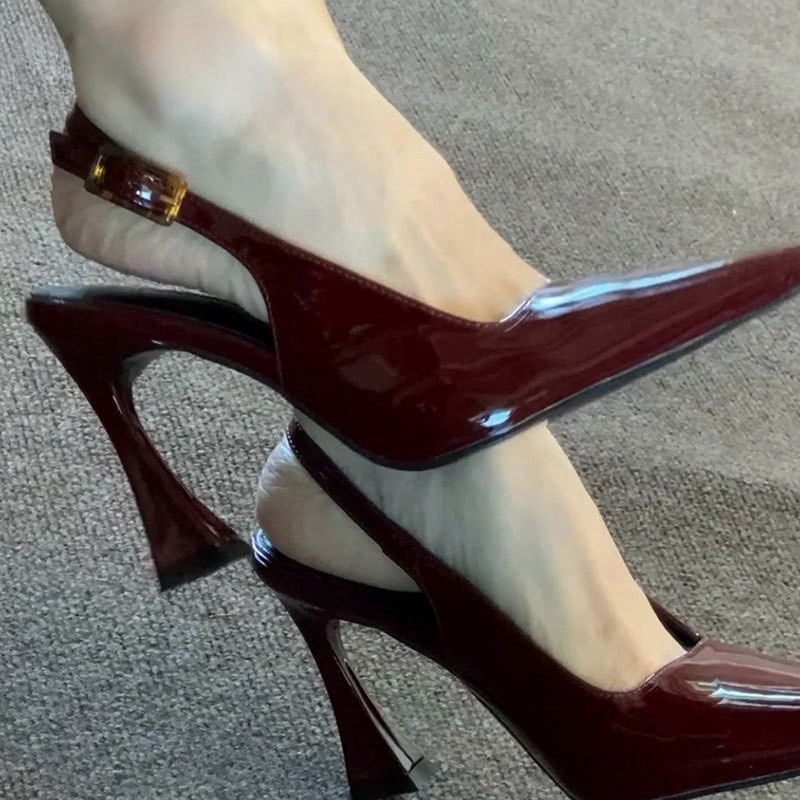 Red striped horseshoe heel high-heeled shoes for women, backless patent leather versatile fine heeled pointed sandals