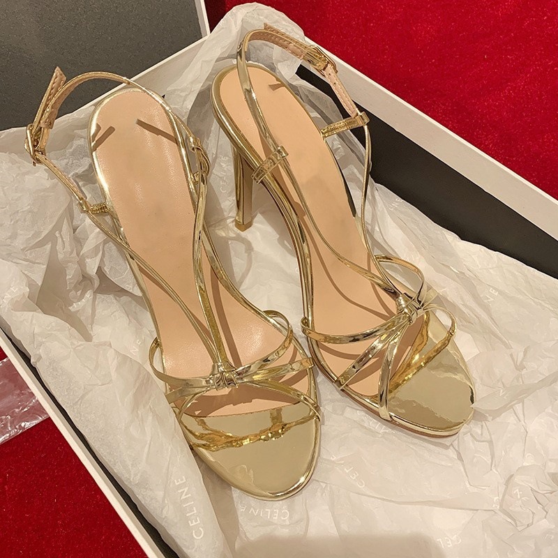 Golden strap high-heeled shoes for women in 2025, this year's new summer style with a single strap and slim heel, elegant ladies' sandals Golden strap high-heeled shoes for women in 2025, this year's new summer style with a single strap and slim heel, elegant ladies' sandals