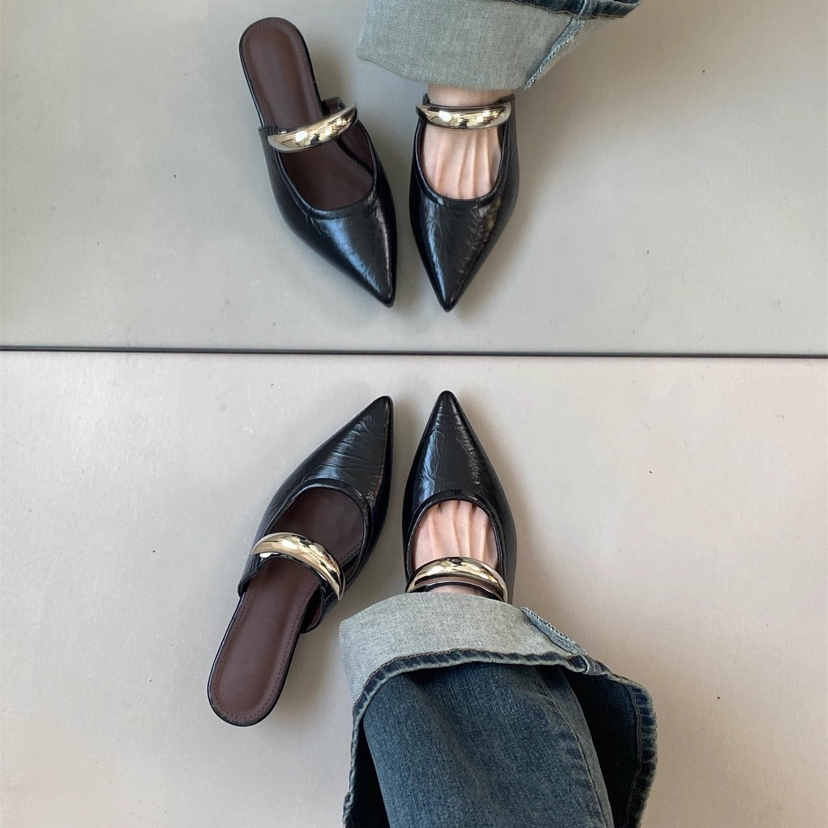 Temperament pointed metal flat toe half slipper with toe cover 2025 new style wedge heel and mid heel M ü ller shoes thick soled women's sandals Temperament pointed metal flat toe half slipper with toe cover 2025 new style wedge heel and mid heel M ü ller shoes thick soled women's sandals