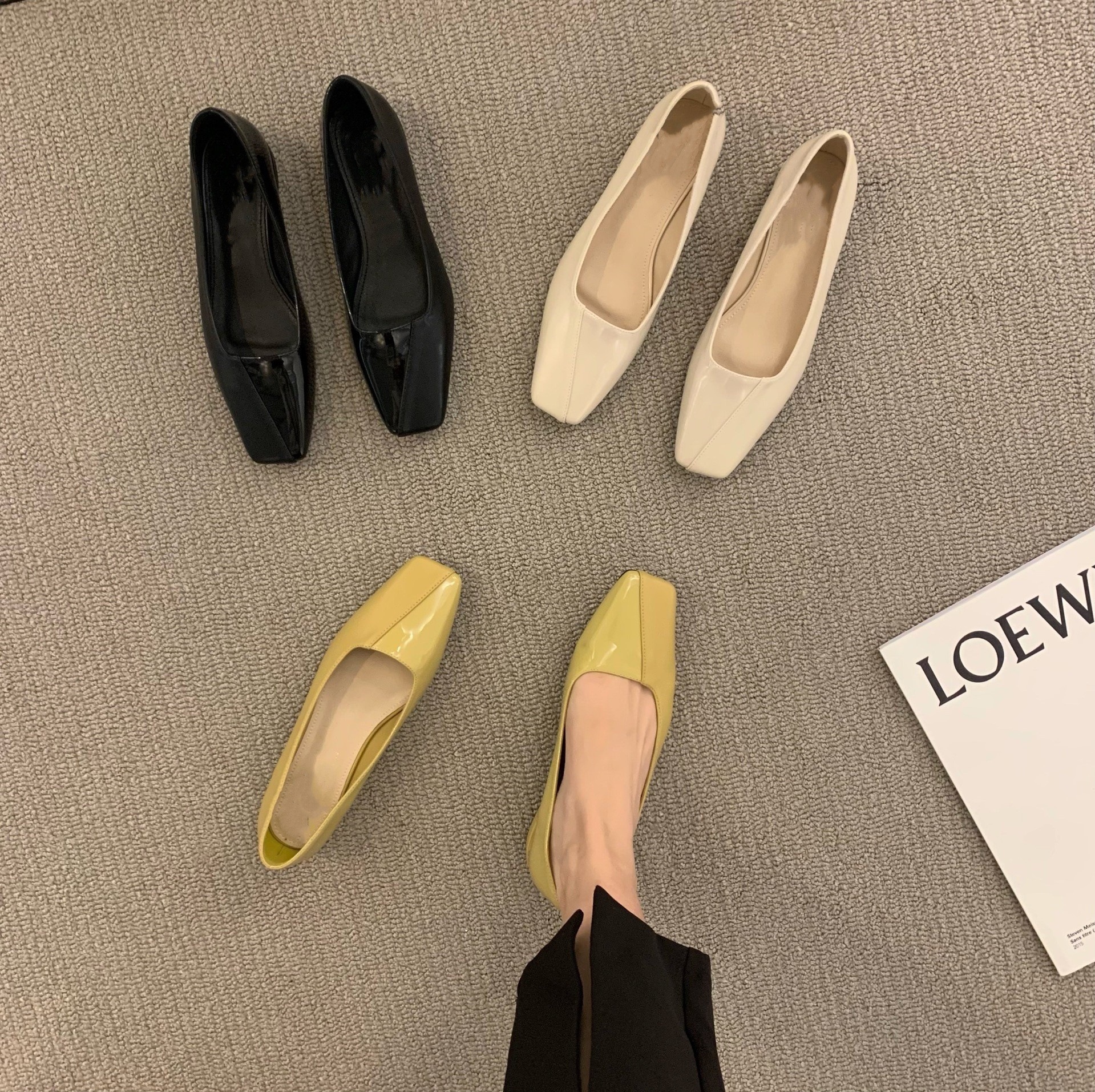 Flat bottomed square toe bean single shoes for women, 2025 new spring black commuting low heel retro grandma scoop shoes