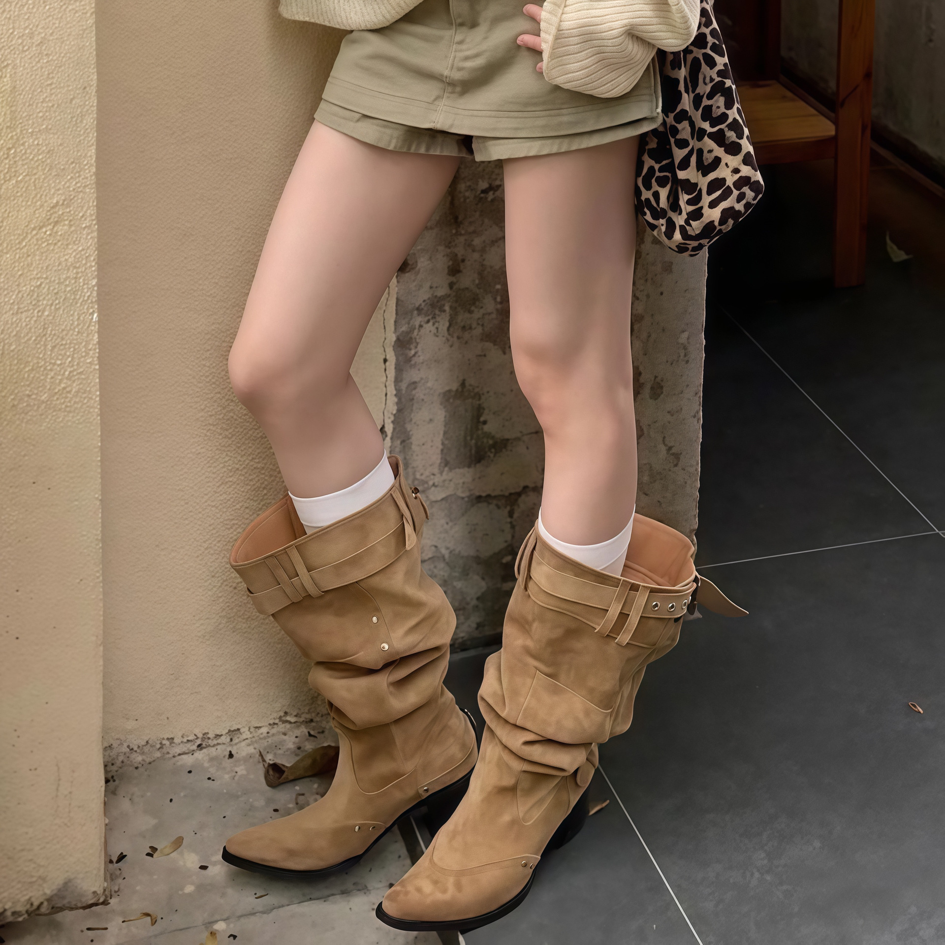 Big walled long tube boots for women, not over the knee, 2025 spring and summer new style, thick heel, slimming, pointed belt buckle, wrinkled pile boots