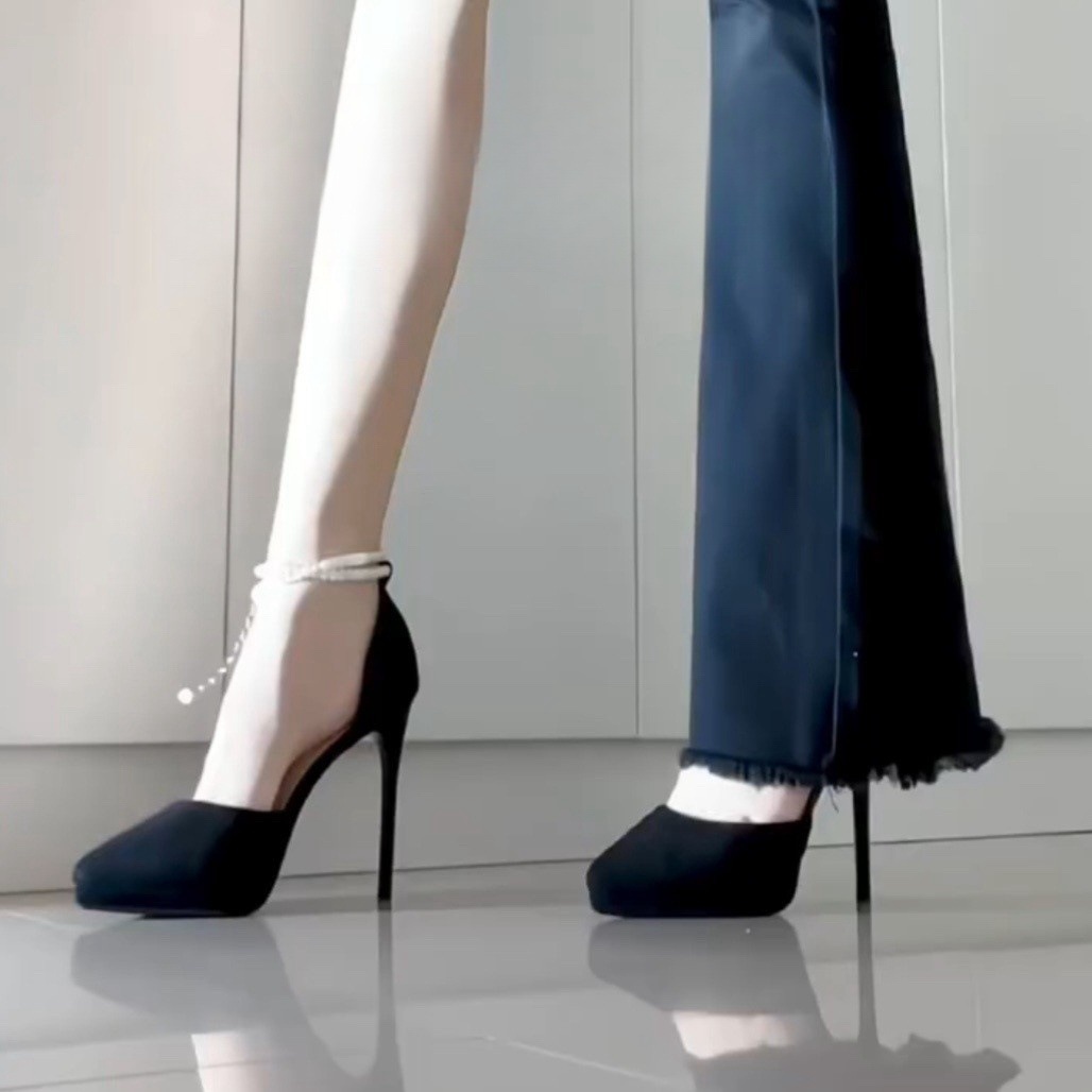 New waterproof platform high heels for women, slim heels that are not tiring, sexy student black suede hollow pointed single shoes for women New waterproof platform high heels for women, slim heels that are not tiring, sexy student black suede hollow pointed single shoes for women