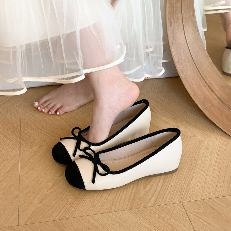 Interior height increasing version~French fairy style shallow bow single shoe for women in spring and autumn soft sole color blocked small fragrant style single shoe Interior height increasing version~French fairy style shallow bow single shoe for women in spring and autumn soft sole color blocked small fragrant style single shoe