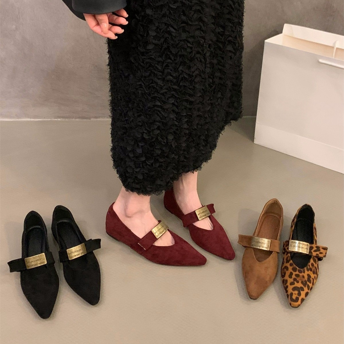 Internally raised pointed red Mary Jane evening shoes women's shoes 2024 new spring and autumn French style leopard print small single shoes