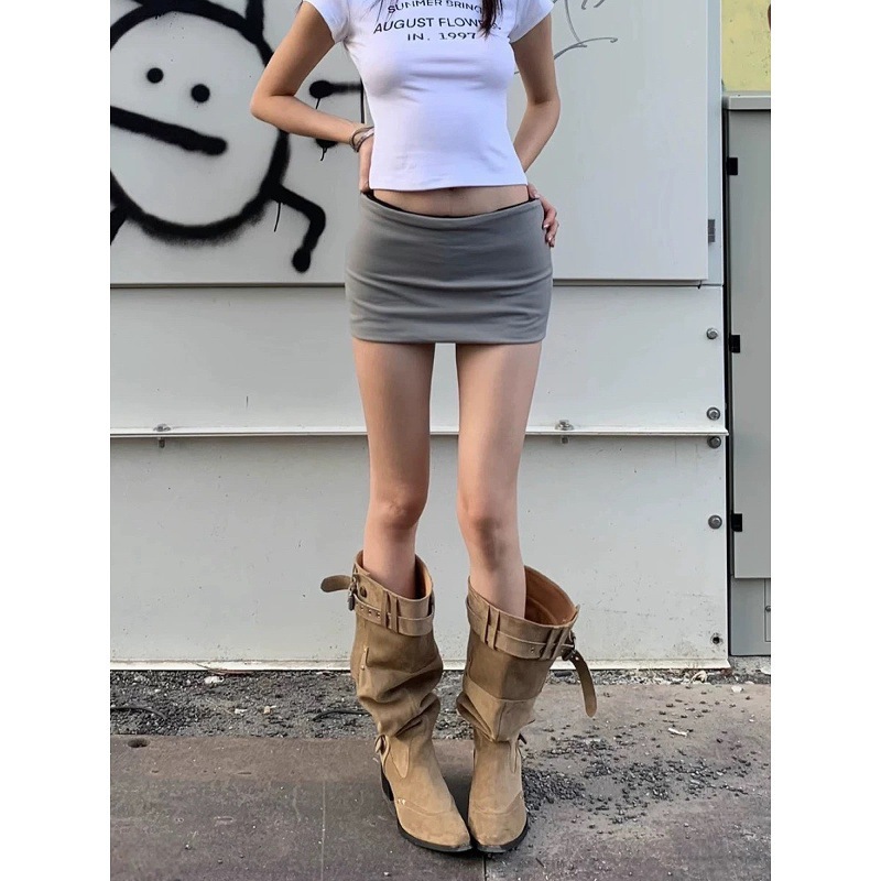 Over the knee long boots for women in the spring and summer of 2025, khaki suede pointed boots for children, thick heels for slimming, pleated pile boots