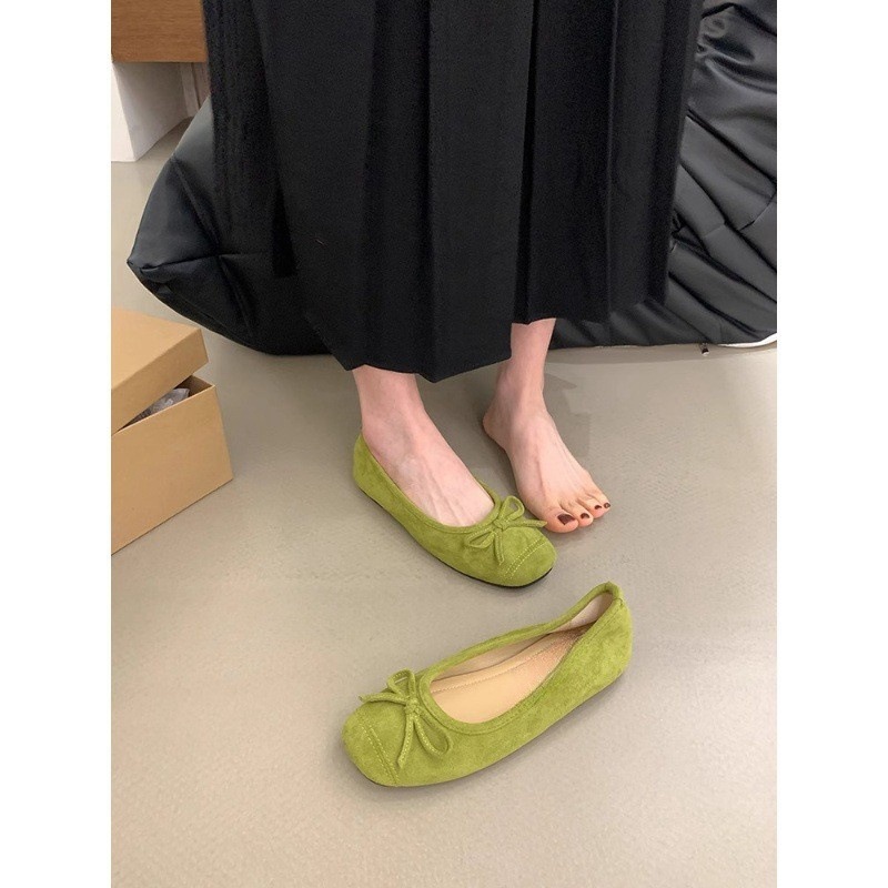 Super soft single shoe women's suede green bow flat bottom 2024 spring and autumn round toe soft sole shallow mouth grandma shoes women