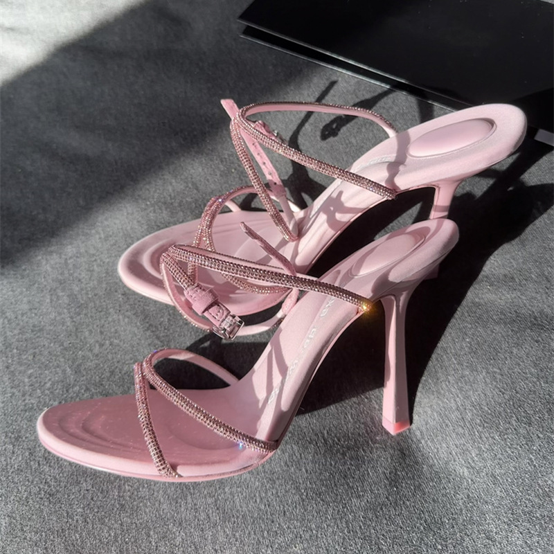 2023 Spring/Summer New Pink High Heels for Women, Thin Heels, Sexy, Open toed, One line Buckle with Diamond Letter Sandals for Women 2023 Spring/Summer New Pink High Heels for Women, Thin Heels, Sexy, Open toed, One line Buckle with Diamond Letter Sandals for Women