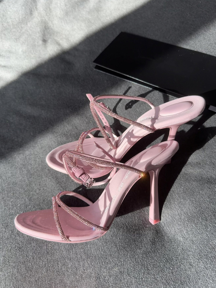 2023 Spring/Summer New Pink High Heels for Women, Thin Heels, Sexy, Open toed, One line Buckle with Diamond Letter Sandals for Women