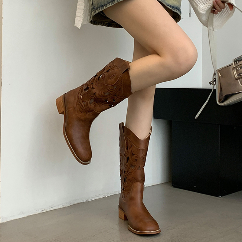 Retro Embroidered Western Cowboy Boots 2025 New Summer Women's Boots Coarse Heel Short Boots Hollow Middle Sleeve Knight Boots Women Retro Embroidered Western Cowboy Boots 2025 New Summer Women's Boots Coarse Heel Short Boots Hollow Middle Sleeve Knight Boots Women