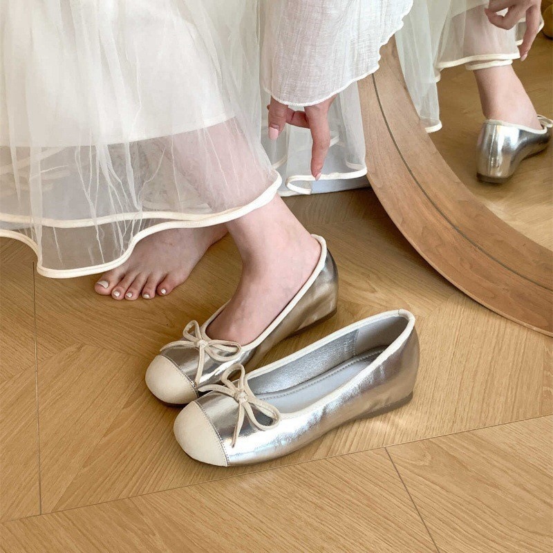 Interior height increasing version~French fairy style shallow bow single shoe for women in spring and autumn soft sole color blocked small fragrant style single shoe Interior height increasing version~French fairy style shallow bow single shoe for women in spring and autumn soft sole color blocked small fragrant style single shoe